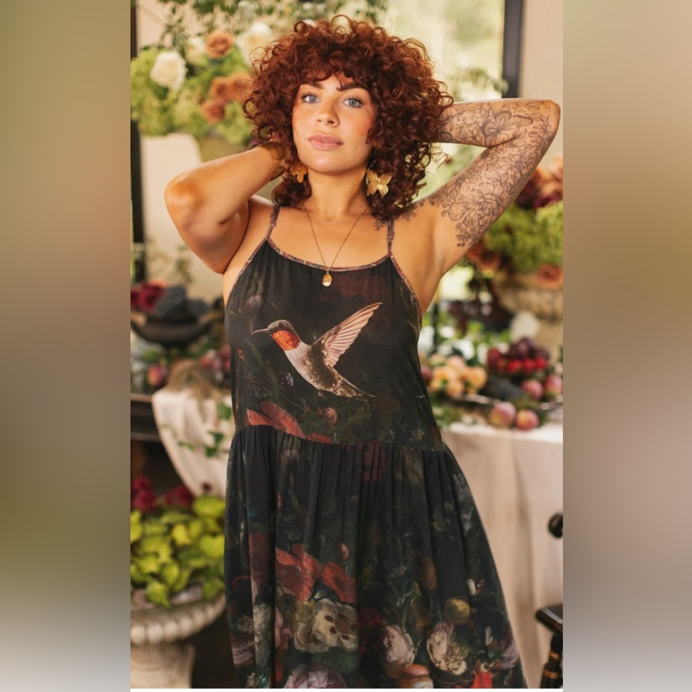 Floral Hummingbird Print Black Maxi Dress - Picture 2 of 5